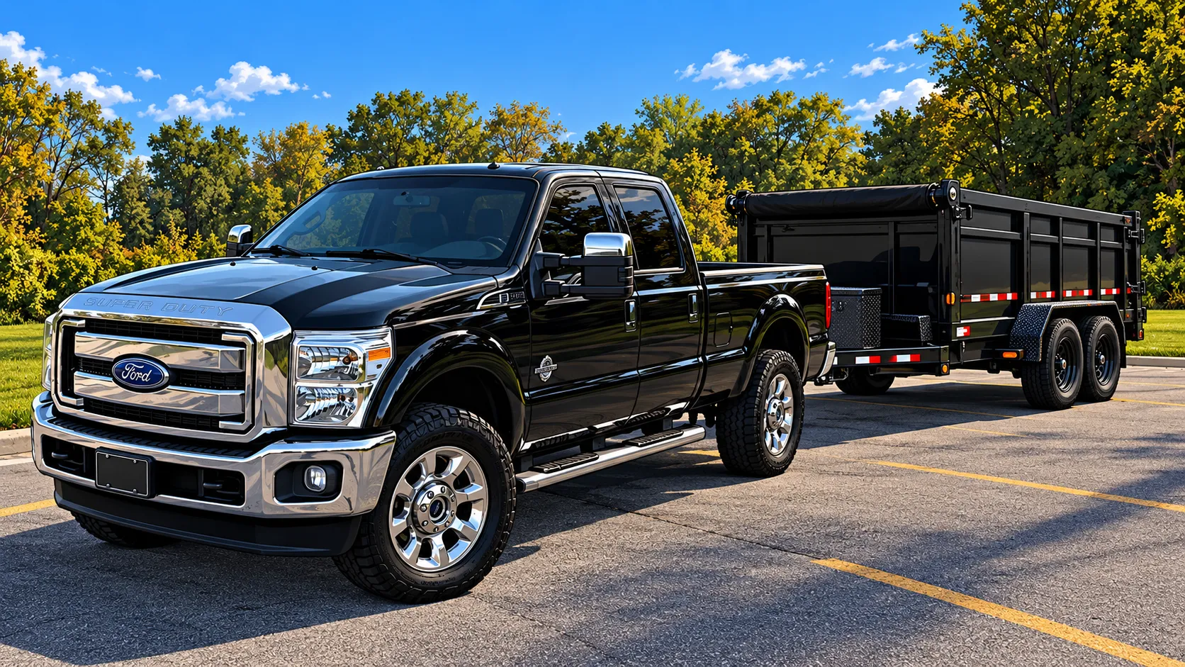 A black pickup truck hooked up to a black dump trailer